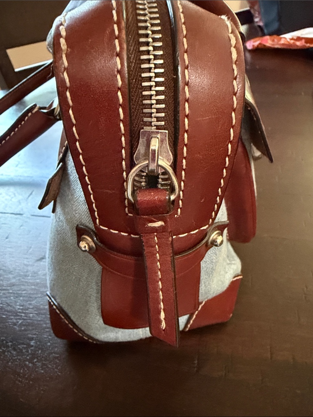 Dooney & Bourke Blue Canvas and Brown Leather Shoulder Bag - Picture 11 of 12